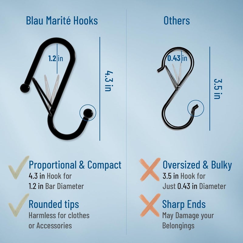 Blau Marité 6-Pack Metal S Hooks for Hanging – Heavy-Duty S-Shaped Hook with Safety Buckle – Fits Bars up to 1.2 in – Anti-Drop S-Hooks for Closet, Wardrobes & Storage – Golden (Large) - Image 5